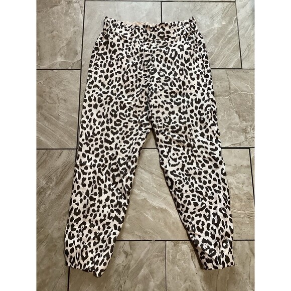 J. Crew Pants Brown Ivory Leopard Print Easy Linen Pull On Trousers 4 Ruffle - Picture 2 of 8